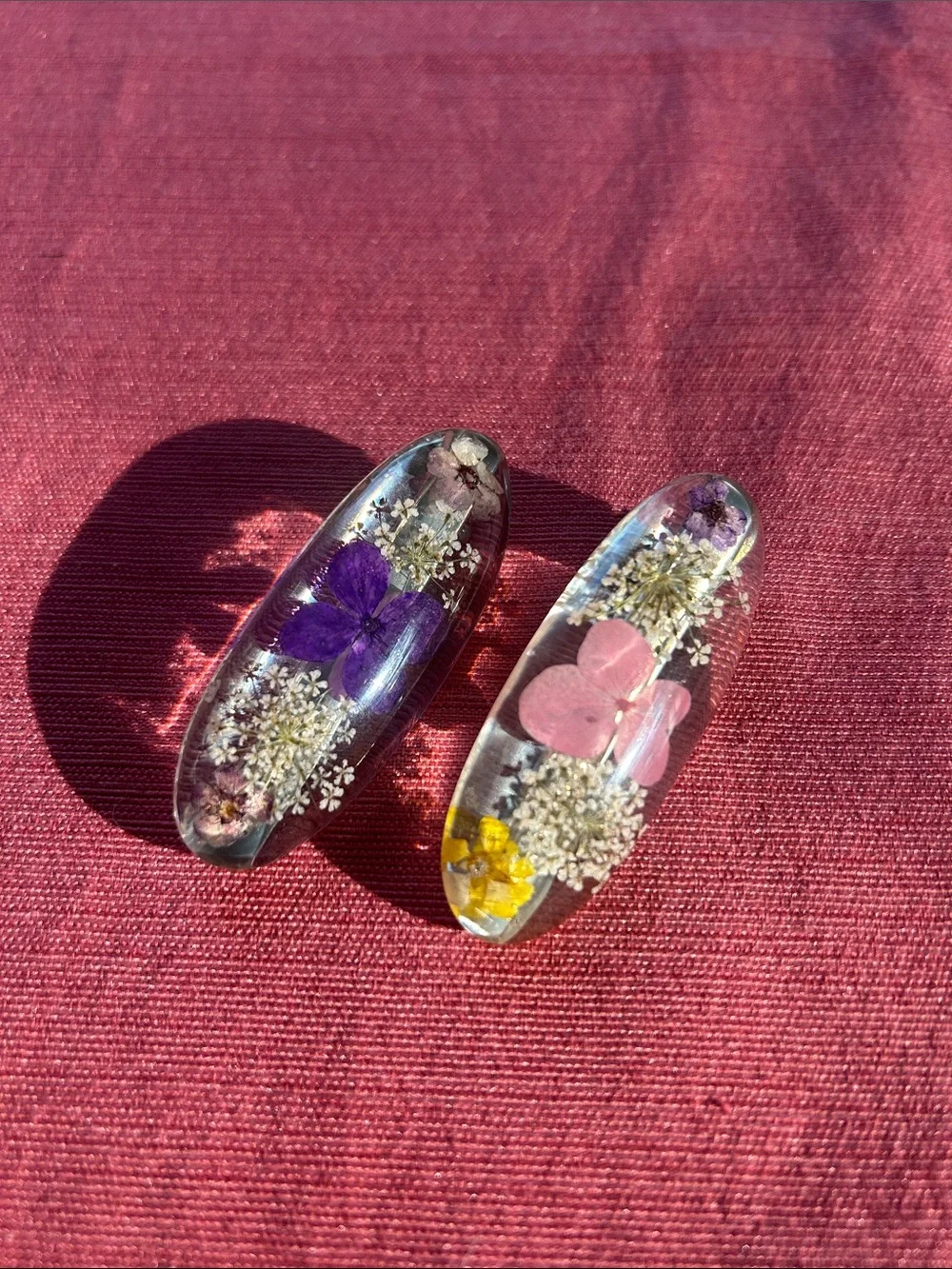 Resin Floral Hair Clip Set — Pink & Purple Pressed Flower Accents